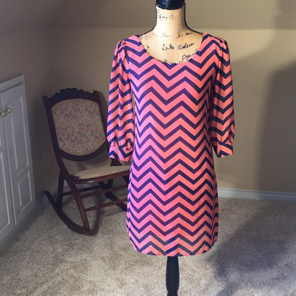 Super cute, fun back, pink and navy, zig zag dress